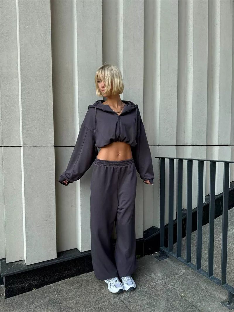 Damen sportlicher Kapuzenpullover und weite Freizeithose Set Sovae