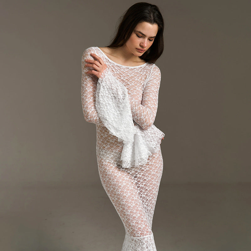 Damen Transparente Spitzenkleid mit dramatischen Ärmeln Sovae