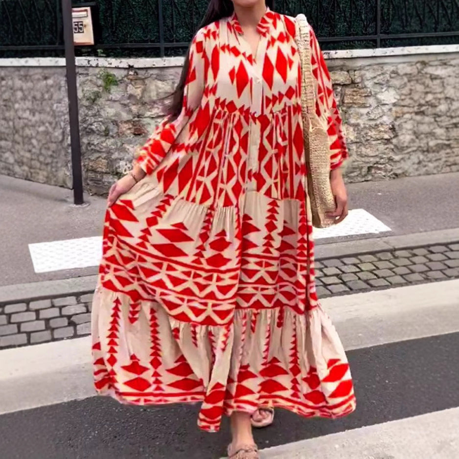 Damen Maxikleid im modernen Bohemian-Stil mit eleganten Rüschen und V-Ausschnitt Sovae