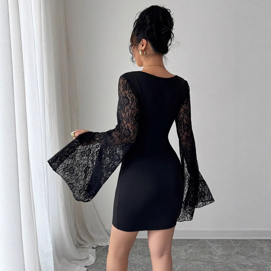 Damen Figurbetontes Kleid mit Spitzenärmeln Sovae