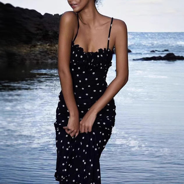 Damen Maxikleid mit Rüschendetails und Polka-Dots Sovae