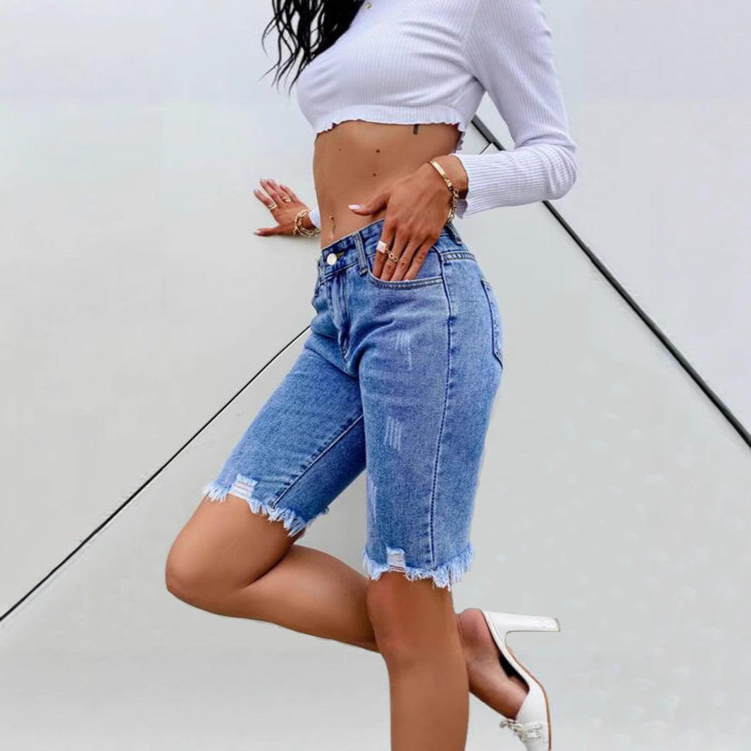 Damen Denim-Bermudas mit fransigen Säumen und hohem Tragekomfort Sovae