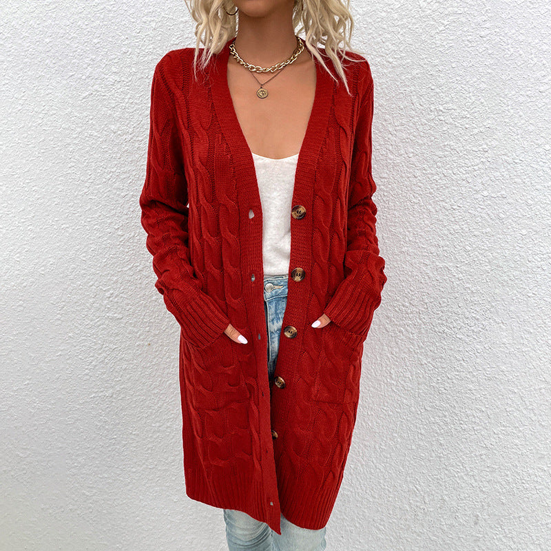 Damen Strickjacke mit tiefem V-Ausschnitt und elegantem Zopfmuster Sovae