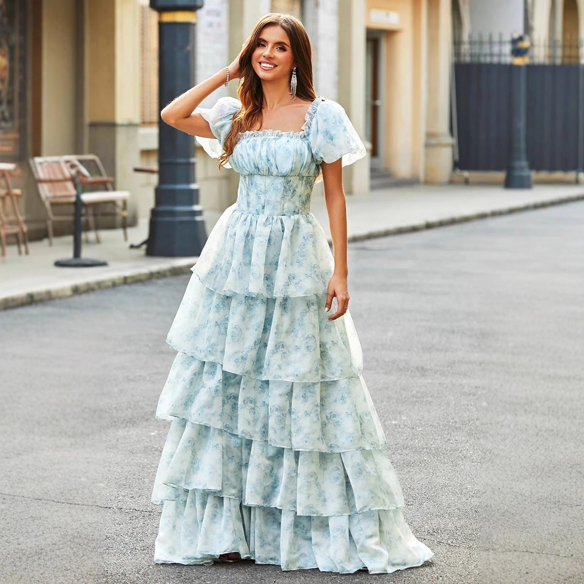 Damen Off-Shoulder Maxikleid mit voluminösen Rüschen Sovae