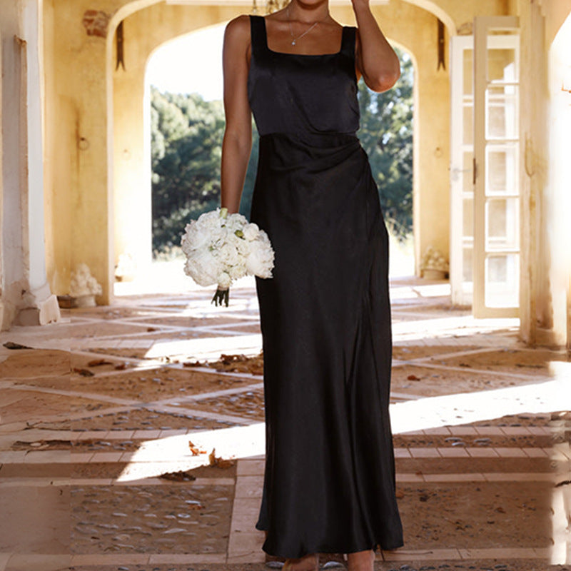 Damen elegantes Maxikleid mit seitlichem Schlitz und schmalen Trägern Sovae