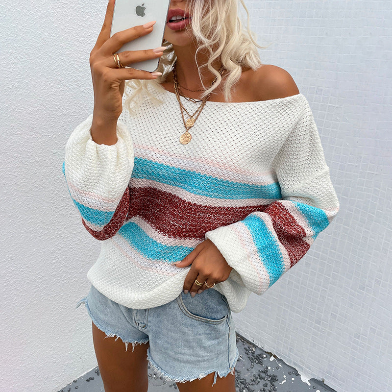 Damen lässiger Strickpullover mit weitem Ausschnitt und einzigartigem Streifenmuster Sovae