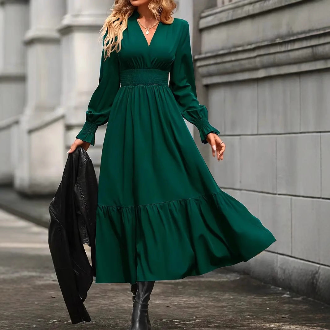 Damen Maxikleid mit elegantem V-Ausschnitt und voluminösen Ärmeln Sovae