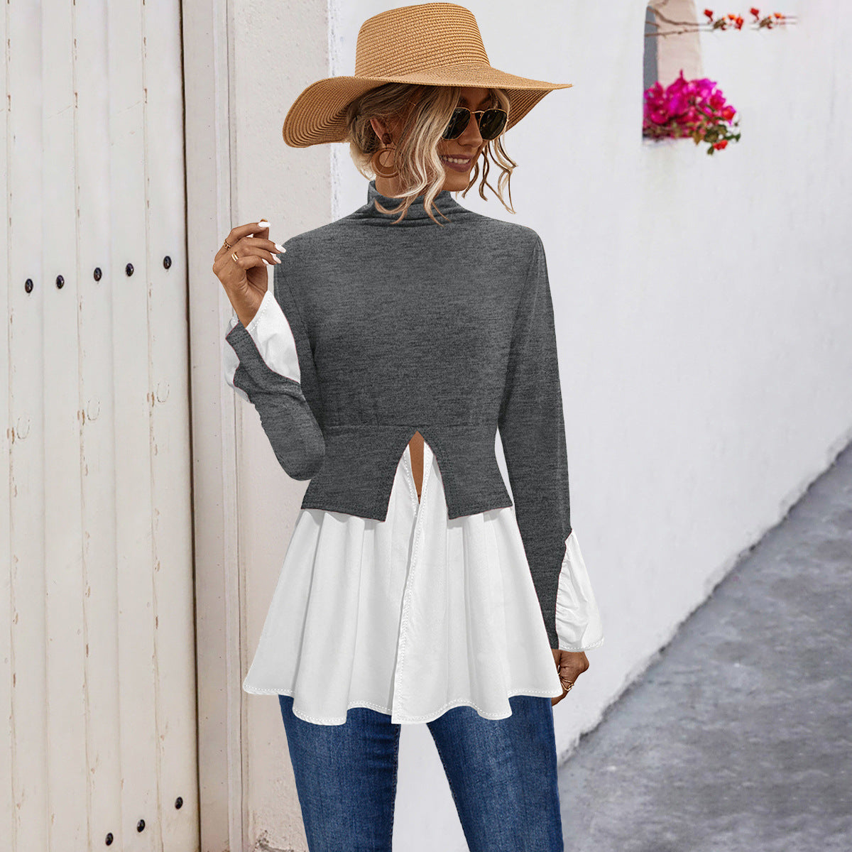 Damen Modisches Hemdblusenshirt mit hohem Kragen und asymmetrischem Schnitt Sovae