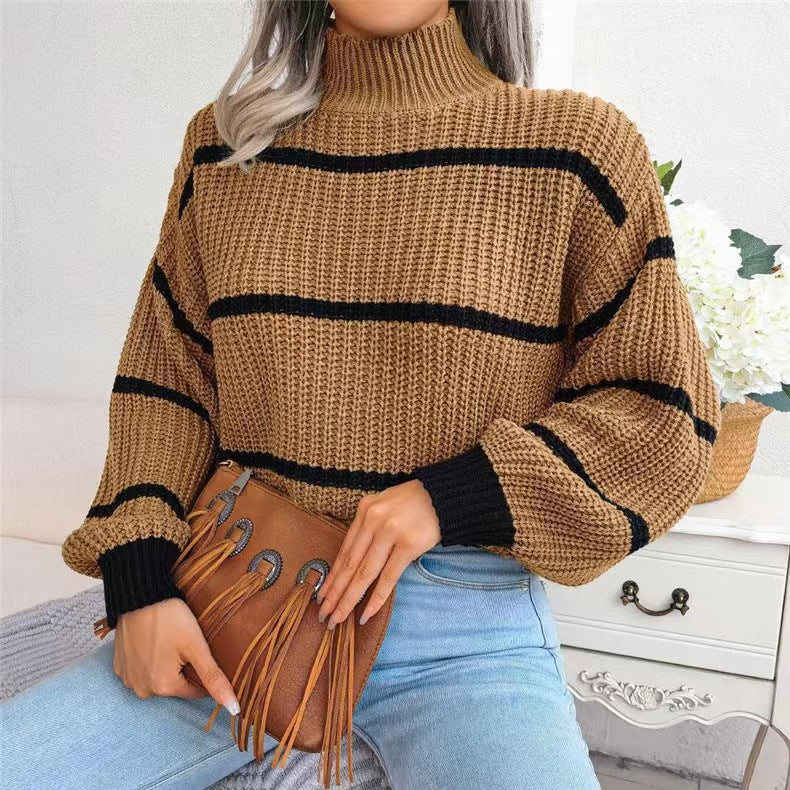 Damen Grobstrickpullover mit hohem Kragen und blockartigen Streifen Sovae