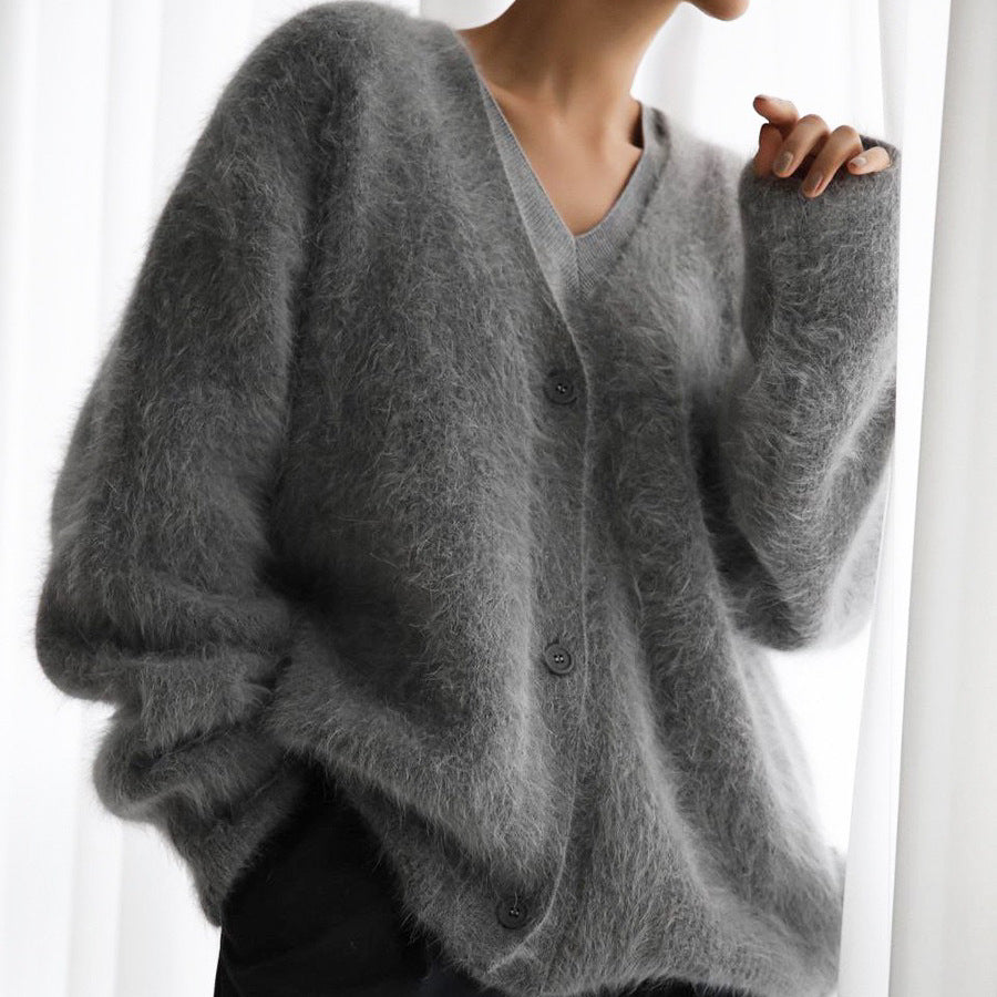 Damen kuschelige Strickjacke mit weichem Mohair-Mix und eleganter Knopfleiste