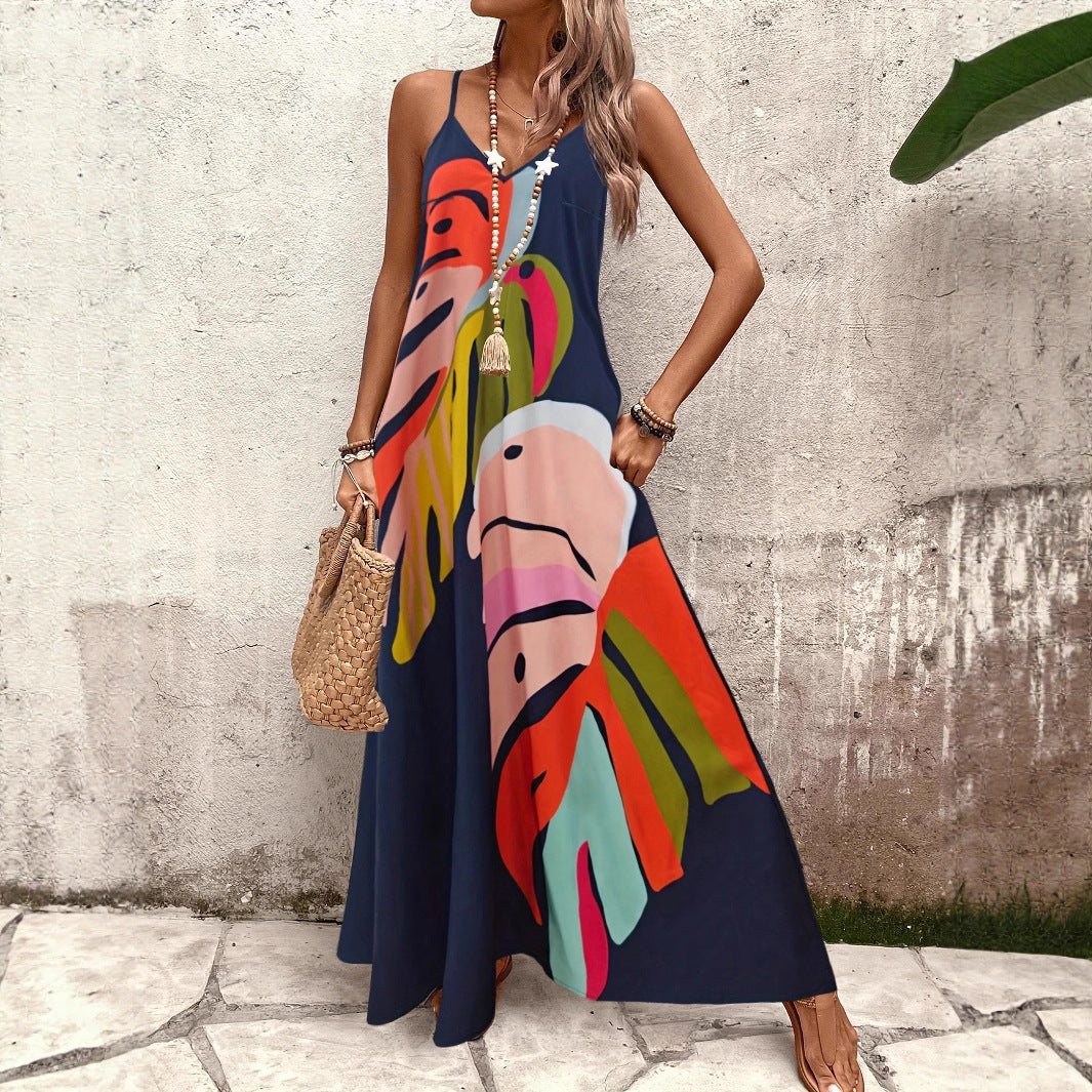 Damen Maxikleid mit kreativem Blattmuster Sovae