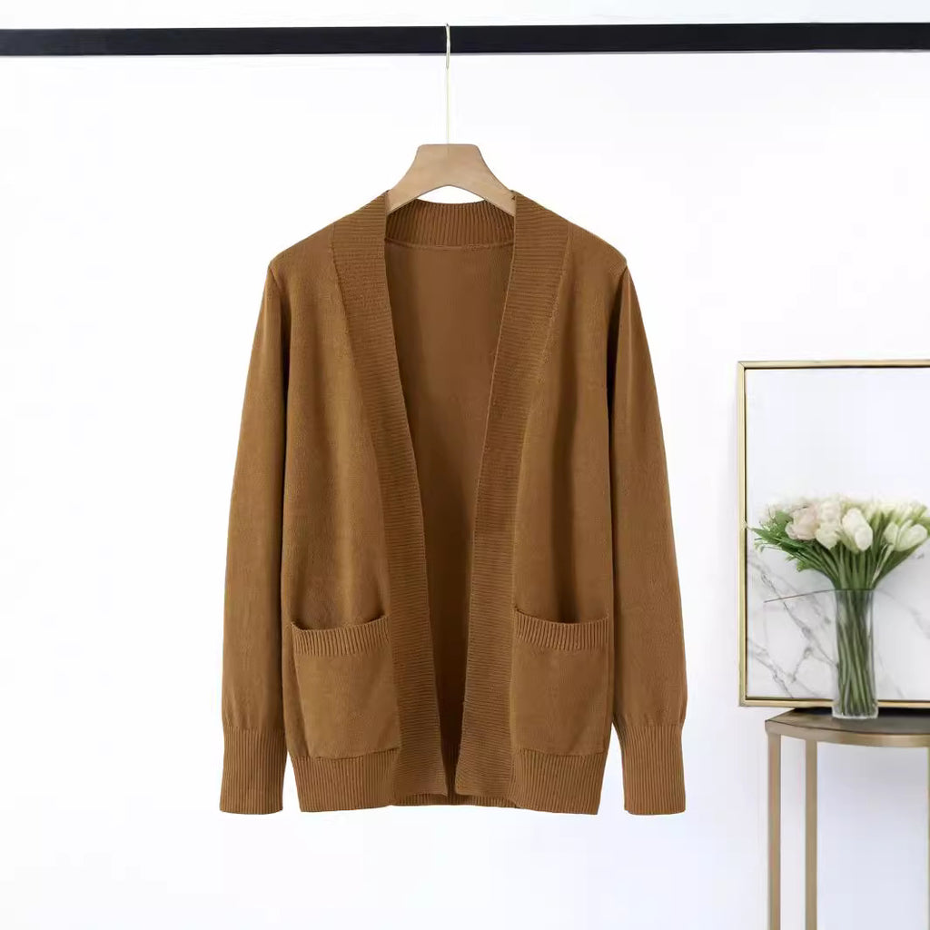 Damen lässiger Strickcardigan mit aufgesetzten Taschen und offenem Schnitt Sovae