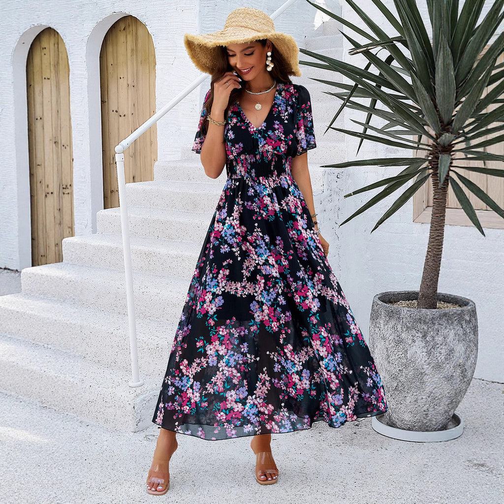 Damen Midi-Kleid mit floralen Akzenten und elastischem Tailleneinsatz Sovae