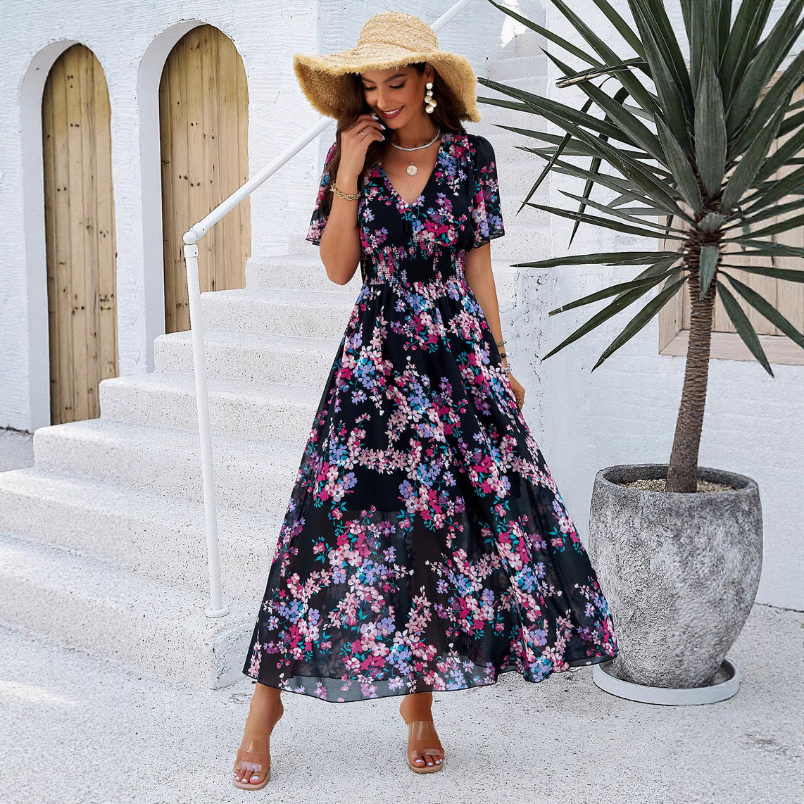Damen Midi-Kleid mit floralen Akzenten und elastischem Tailleneinsatz Sovae
