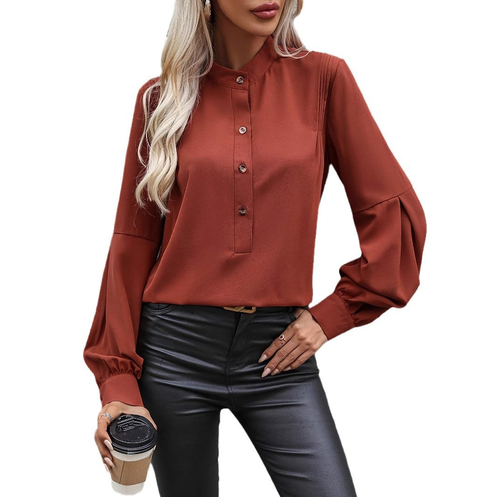 Damen Bluse mit Stehkragen und voluminösen Ärmeln Sovae