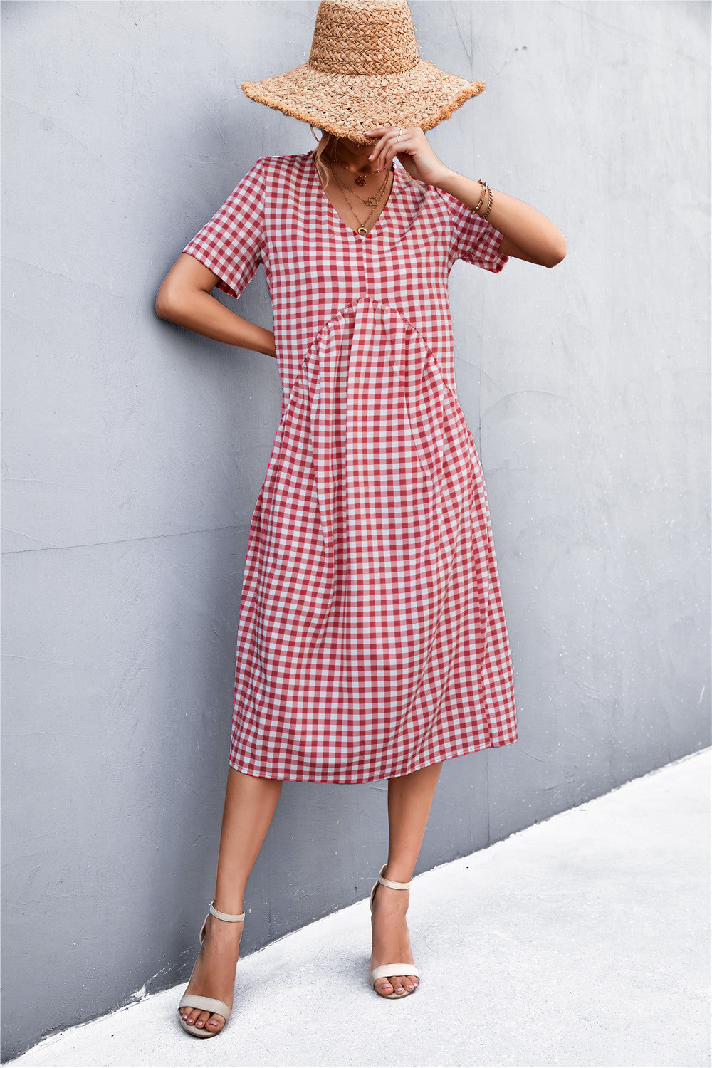 Damen V-Ausschnitt Midikleid mit kariertem Design und ausgestelltem Rock Sovae