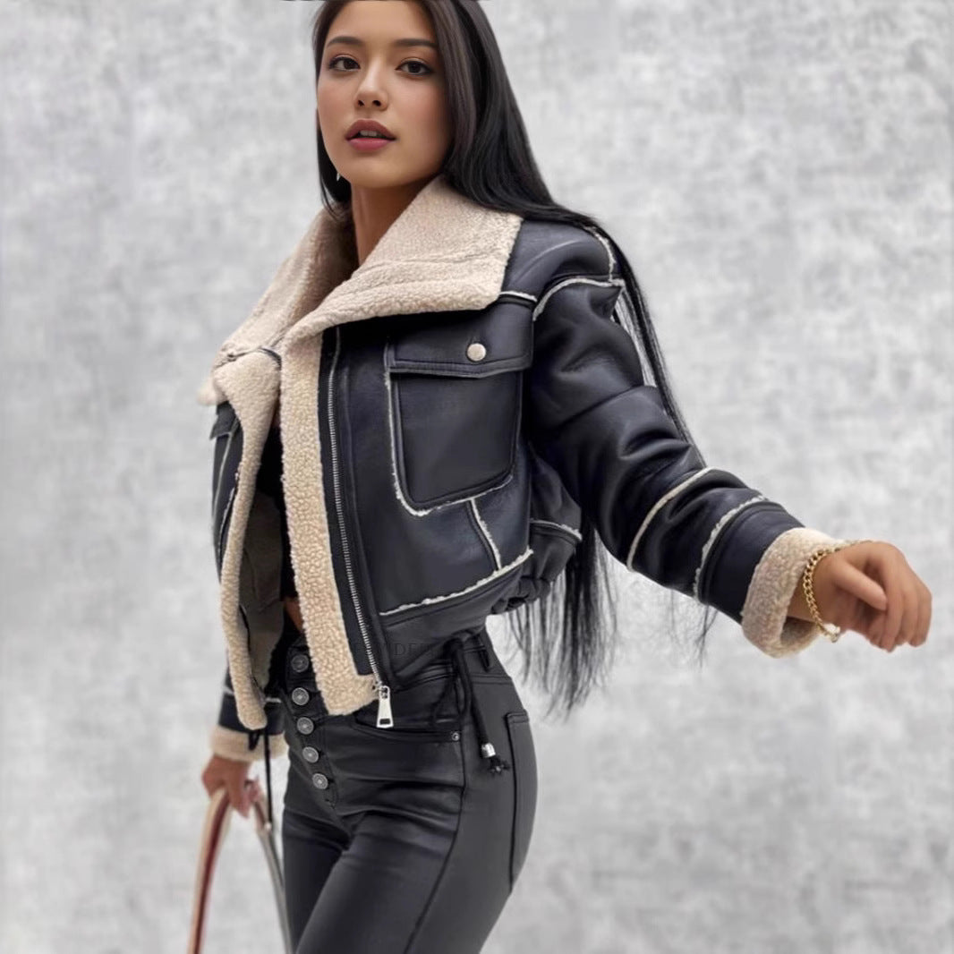 Damen trendige Kurzjacke mit samtigem Innenfutter Sovae