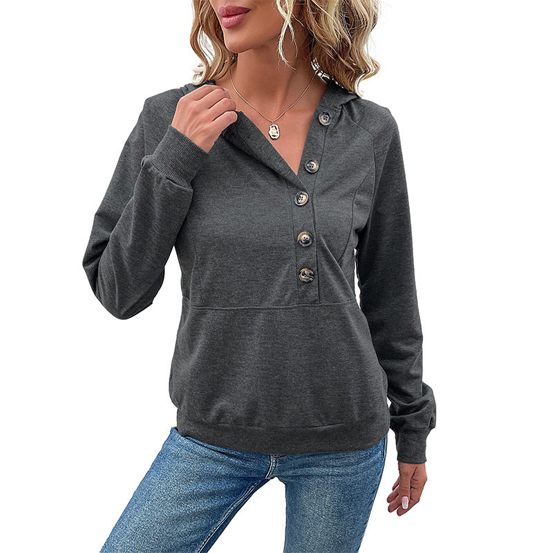 Damen lässiger Kapuzenpullover mit Knopfleiste und Raglanärmeln Sovae