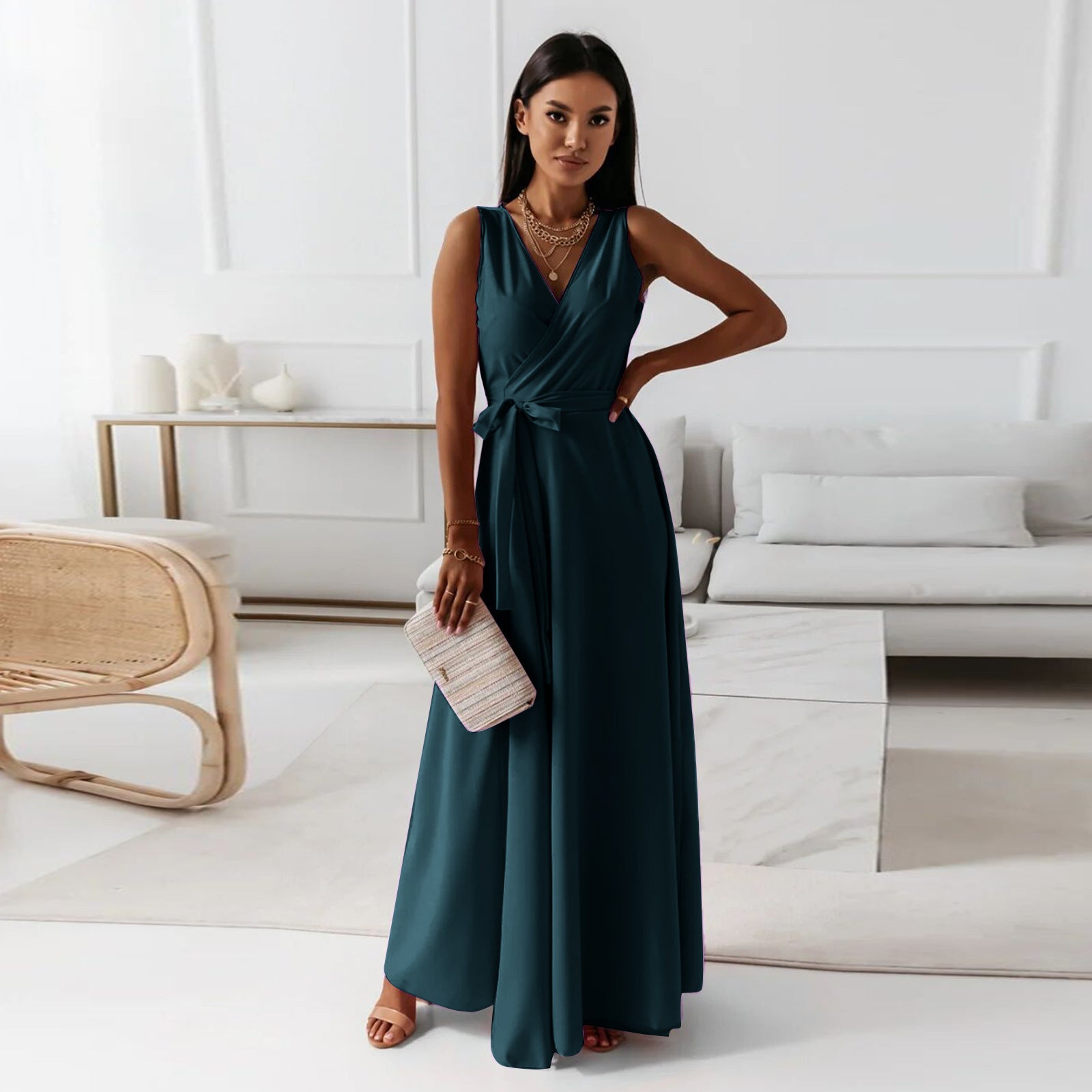 Damen Elegantes Wickel-Minikleid mit tiefem V-Ausschnitt und fließendem Stoff Sovae