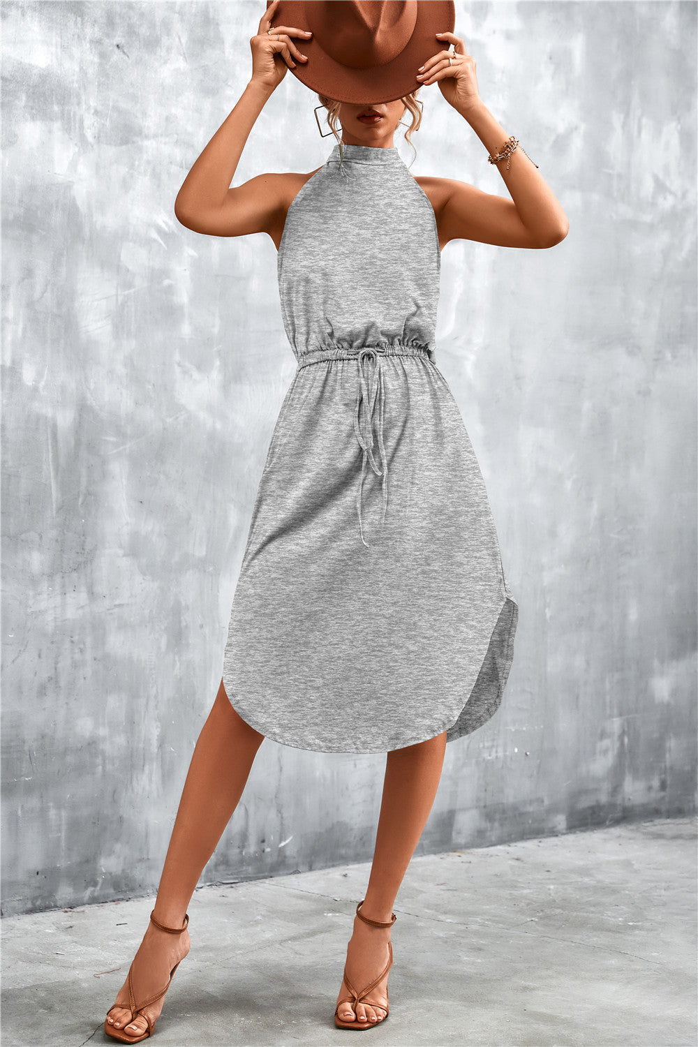 Damen lässiges Midikleid mit hohem Kragen und regulierbarem Gürtel Sovae