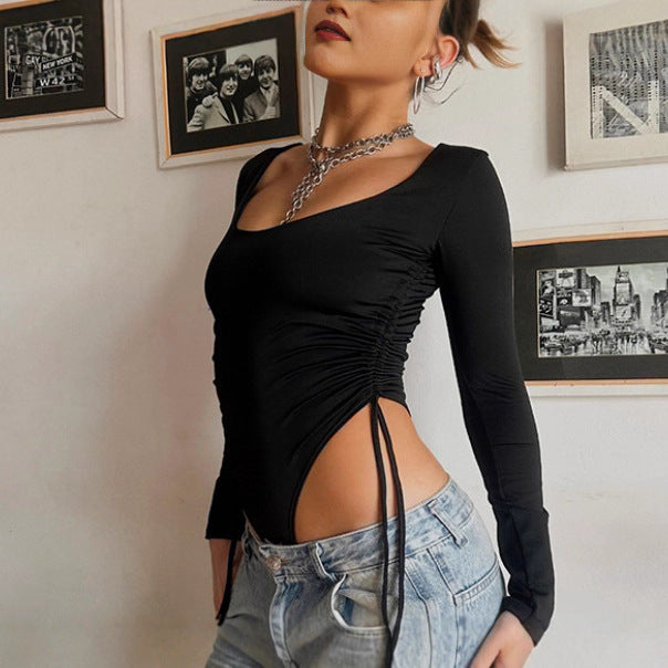 Damen Eleganter langärmeliger Bodysuit mit gerafften Seitenteilen und tiefem Ausschnitt Sovae