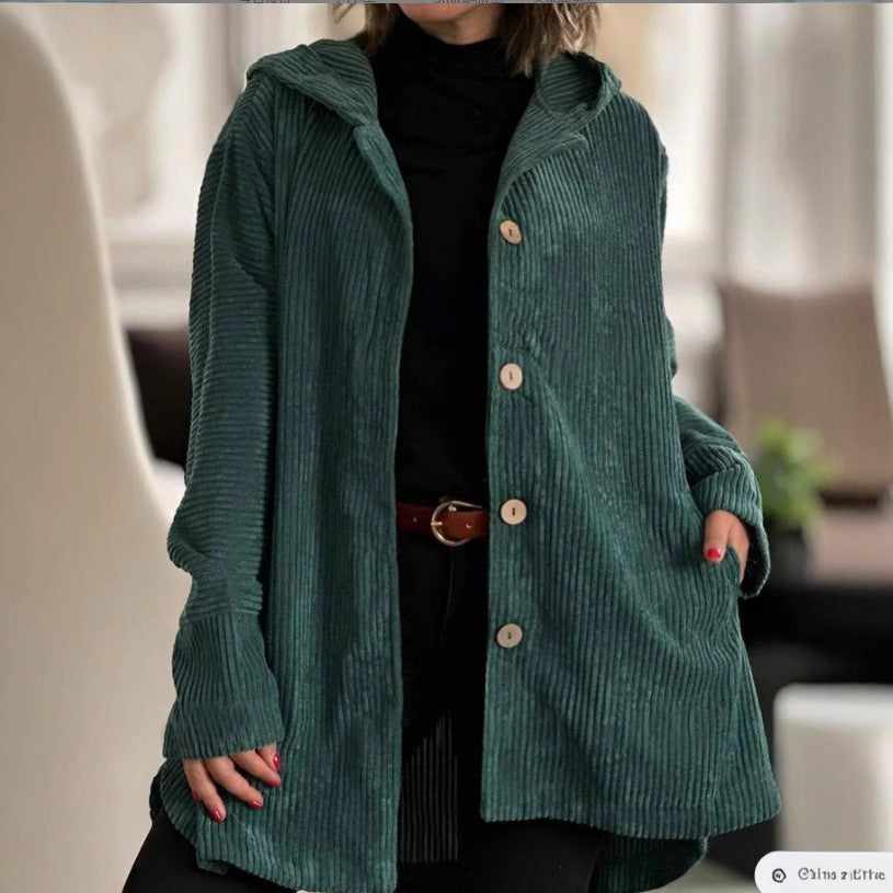 Damen Kapuzenjacke aus Rippstoff mit Holzknöpfen und Freizeit-Schnitt Sovae