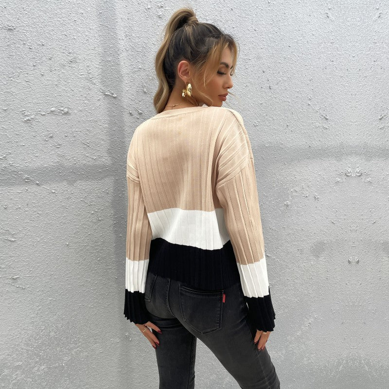 Damen Strickpullover mit modischem Blockstreifen-Design und weiten Ärmeln Sovae