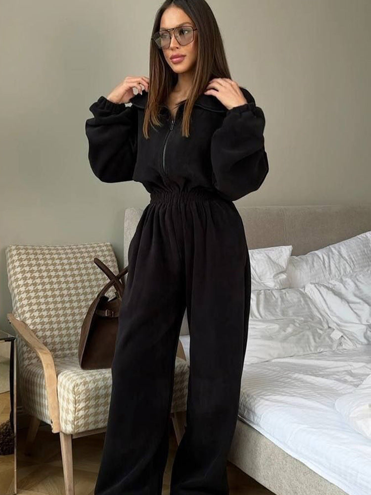 Damen Fleece-Loungeanzug mit hohem Kragen und elastischer Taille Sovae