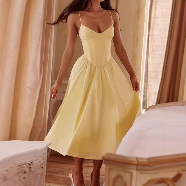 Damen Elegantes A-Linien Midi-Kleid mit Spaghettiträgern und weichem Stoff Sovae