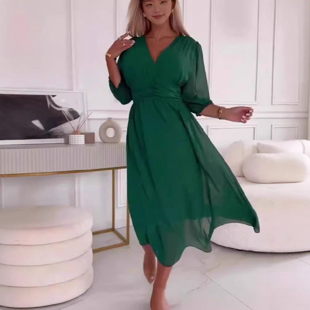 Damen Midikleid mit raffiniertem V-Ausschnitt und Puffärmeln Sovae