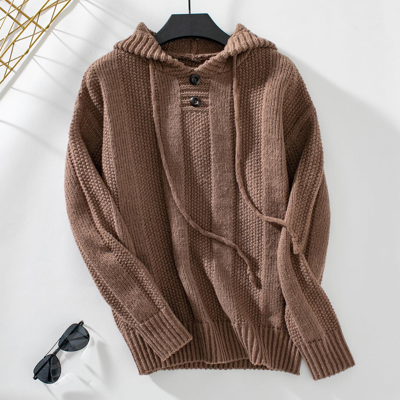 Damen lässiger Strickpullover mit Kapuze und Knopfdetails Sovae