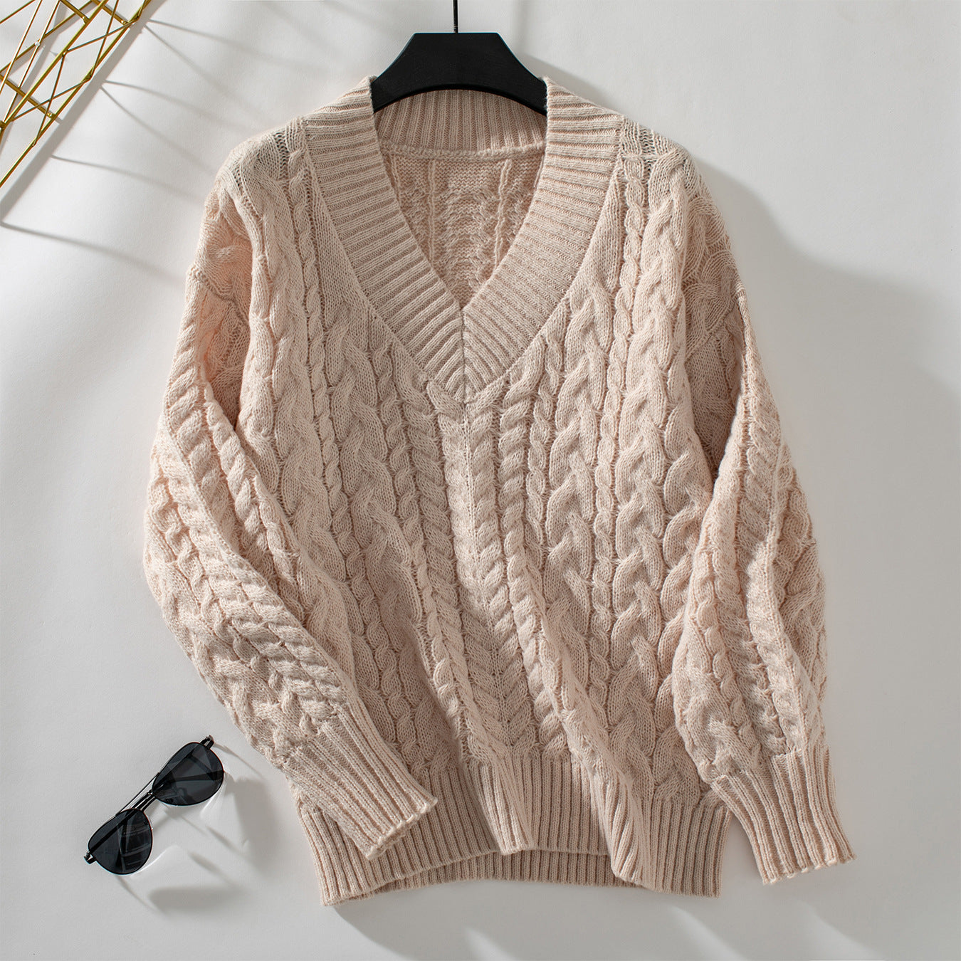 Damen Grobstrickpullover mit V-Ausschnitt und Zopfmuster Sovae