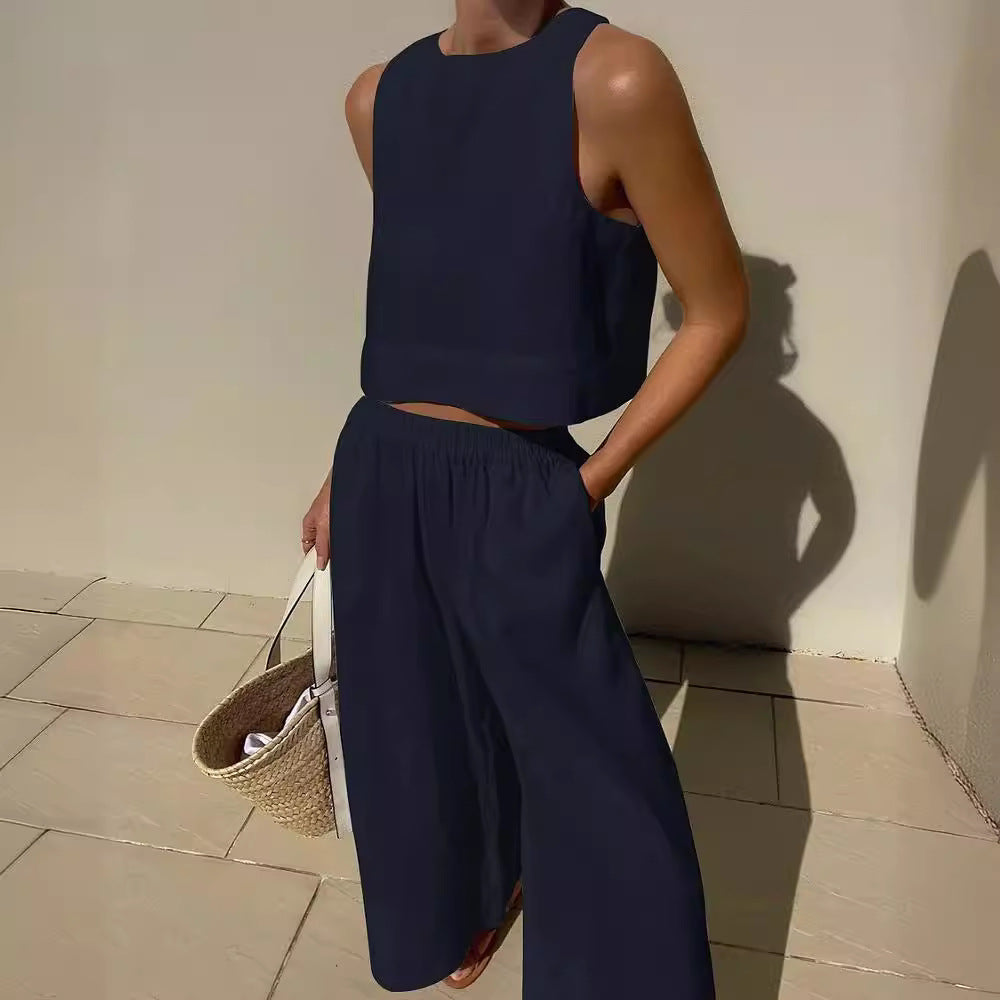 Damen luftiges und modernes Leinen-Set mit Cropped Top und weitem Hose Sovae