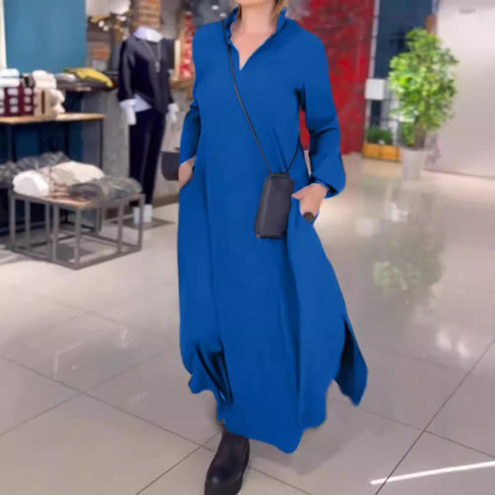 Damen lässiges Midi-Kleid mit praktischen Taschen und hoher Kragen Sovae