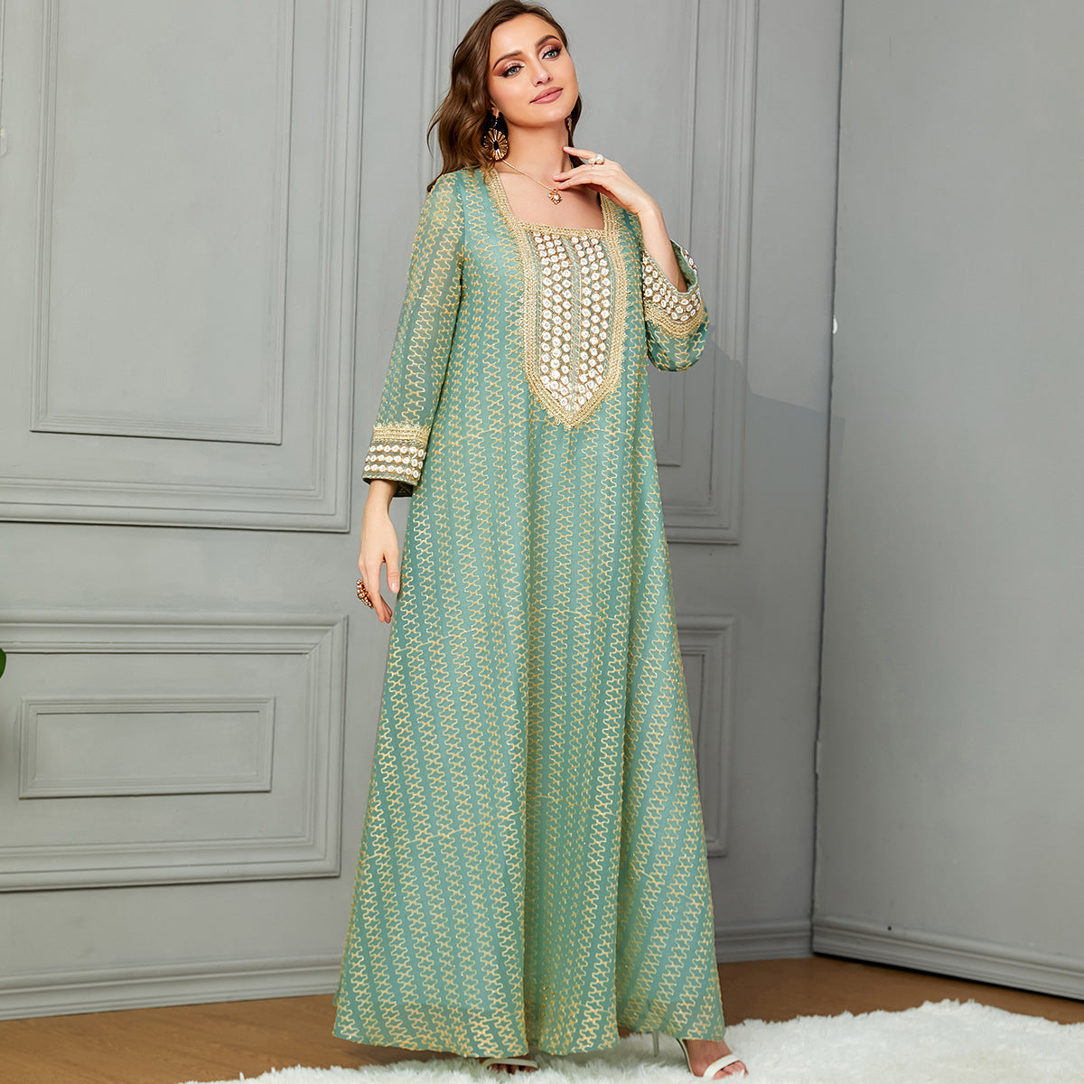Damen Lange Kaftan-Robe mit kunstvollen Verzierungen Sovae