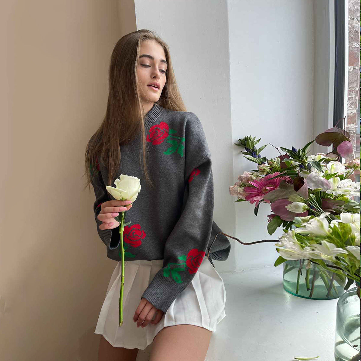 Damen weicher Strickpullover mit floralem Design Sovae