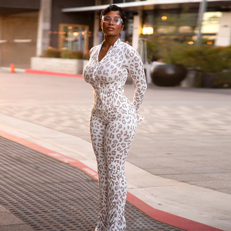 Damen Langarm-Jumpsuit mit Leopardenprint Sovae