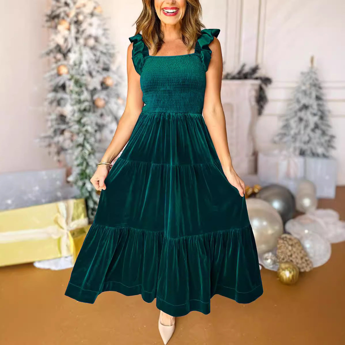 Damen Maxikleid mit Volantärmel und Rüschendetails Sovae