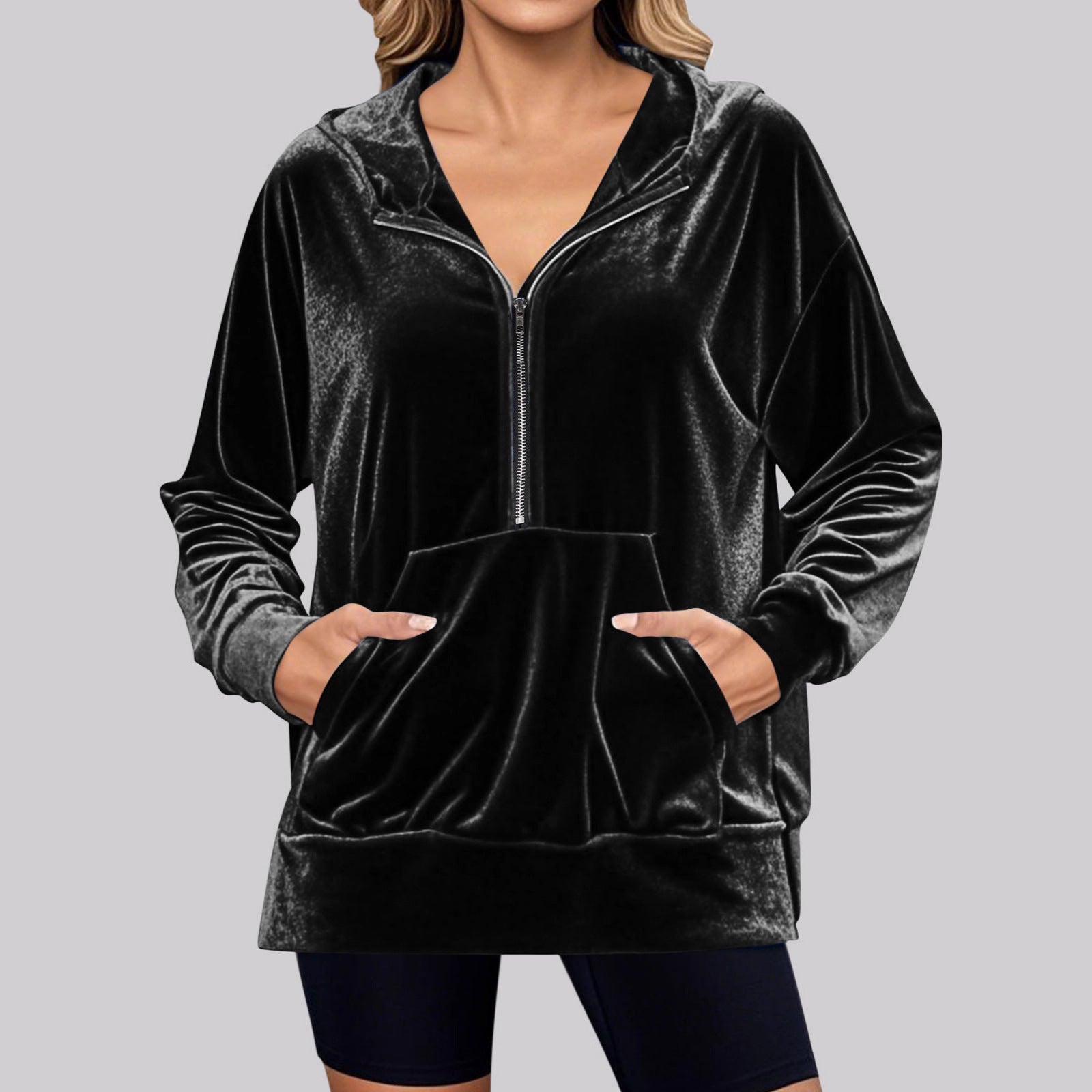 Damen Lässiger Velvet Hoodie mit praktischem Reißverschluss und Kängurutasche Sovae