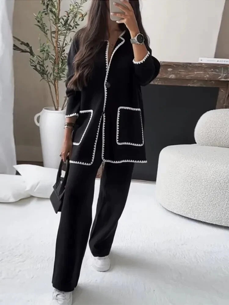 Damen modischer Cardigan-Anzug mit Kontrastnähten Sovae