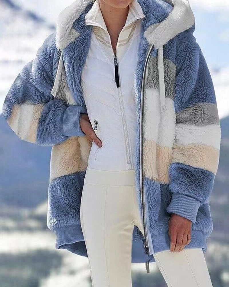 Damen Gemütliche Fleecejacke mit Kapuze und farblich abgestimmten Streifen Sovae