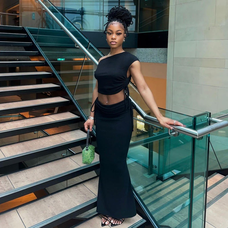 Damen modisches Crop-Top und Maxirock Set mit asymmetrischem Design Sovae