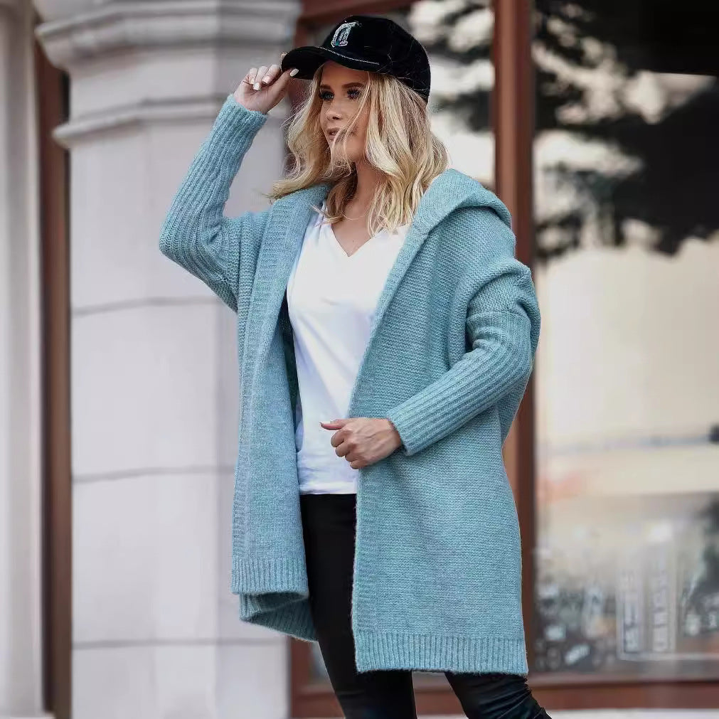 Damen lässiger Strickcardigan mit Kapuze und weiten Ärmeln Sovae