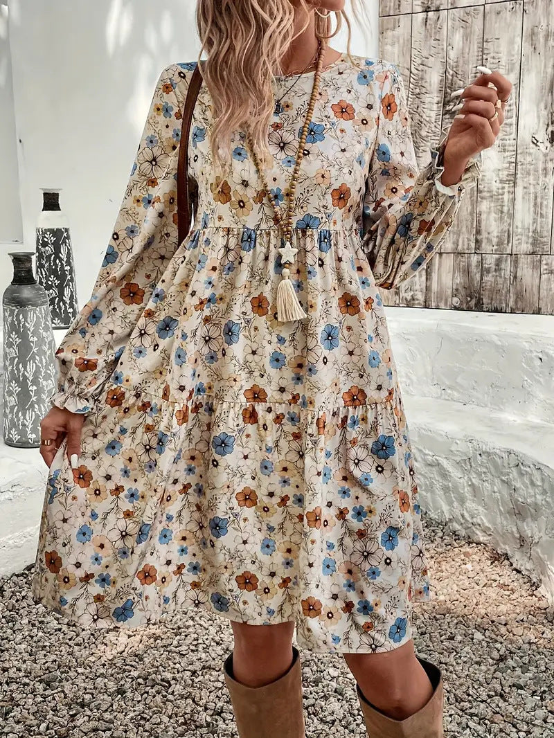 Damen luftiges Floral-Minikleid mit voluminösen Ärmeln und gesmoktem Detail Sovae