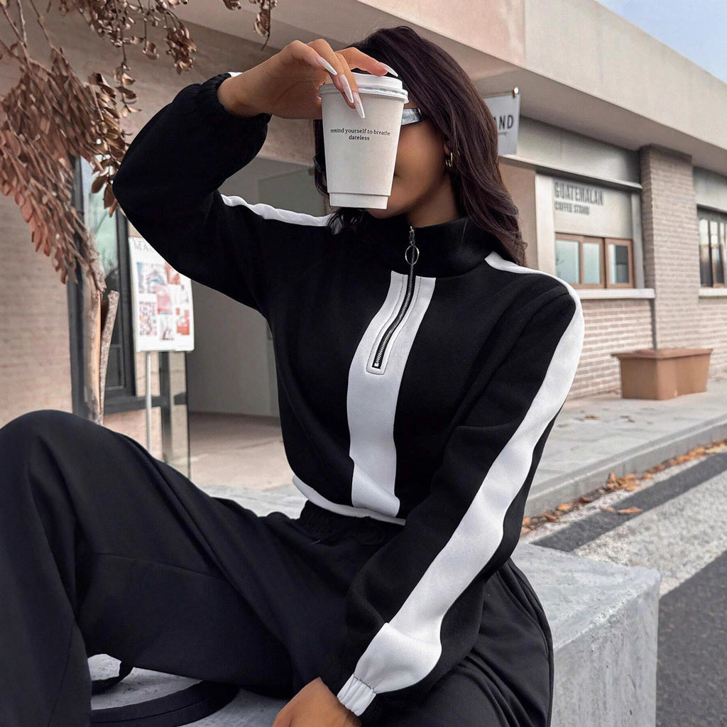 Damen Sportlicher Cropped-Hoodie und lässige Jogginghose Set Sovae