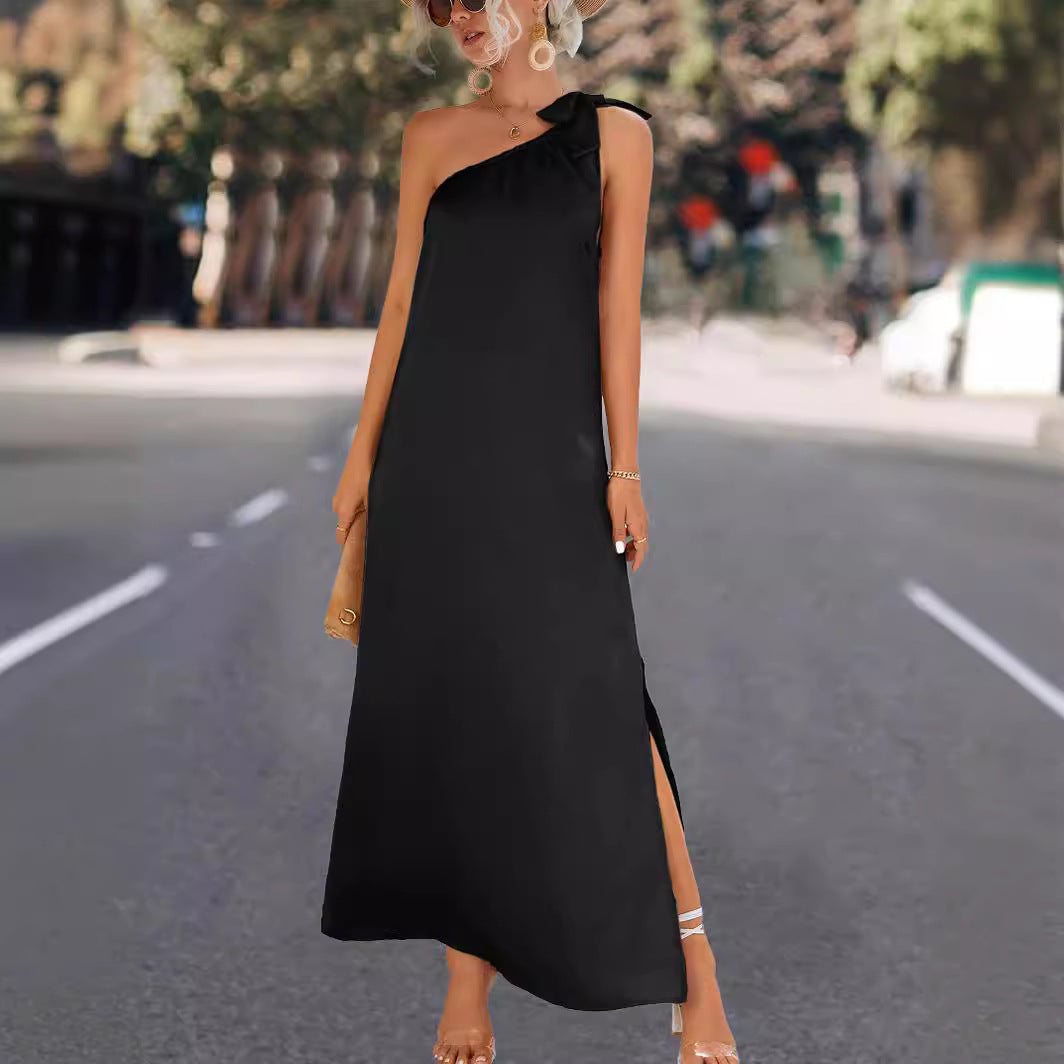 Damen Maxikleid mit asymmetrischem Träger und Seitenschlitz Sovae