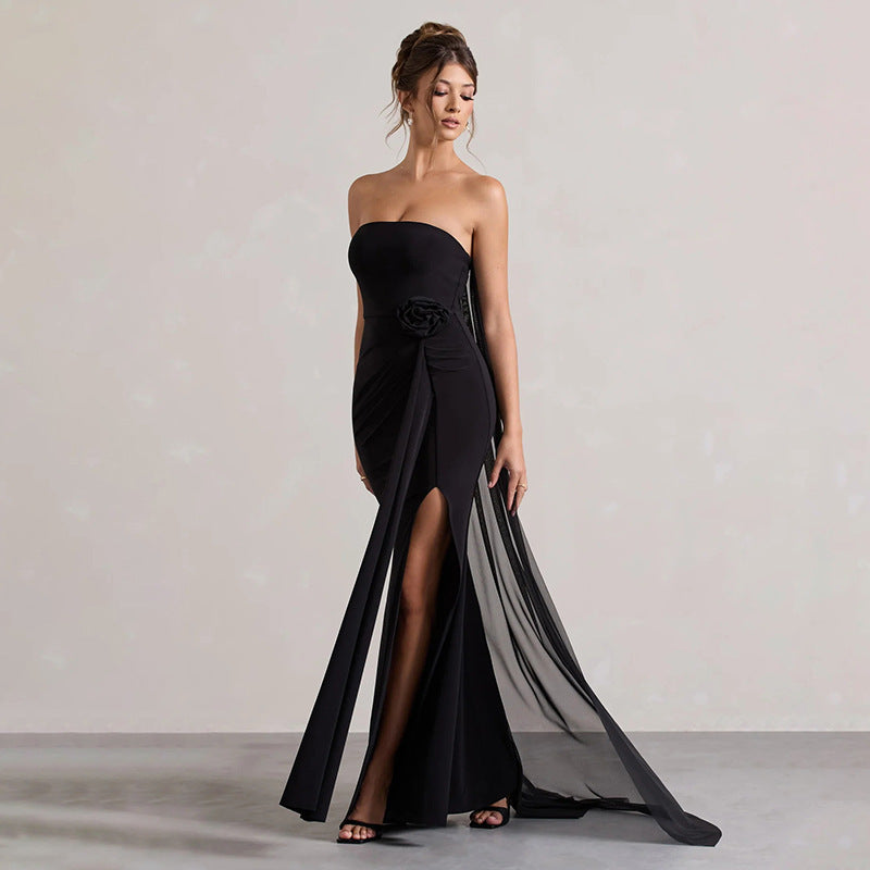 Damen elegantes langes Kleid mit transparenten Ärmeln Sovae
