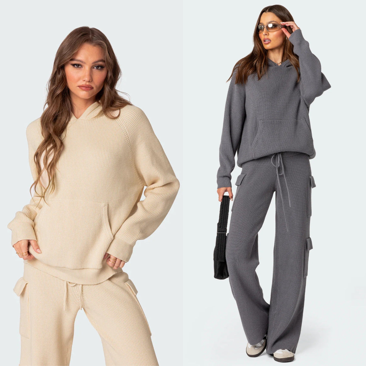 Damen Kuscheliges Rippstrick-Hoodie mit Kängurutasche Sovae