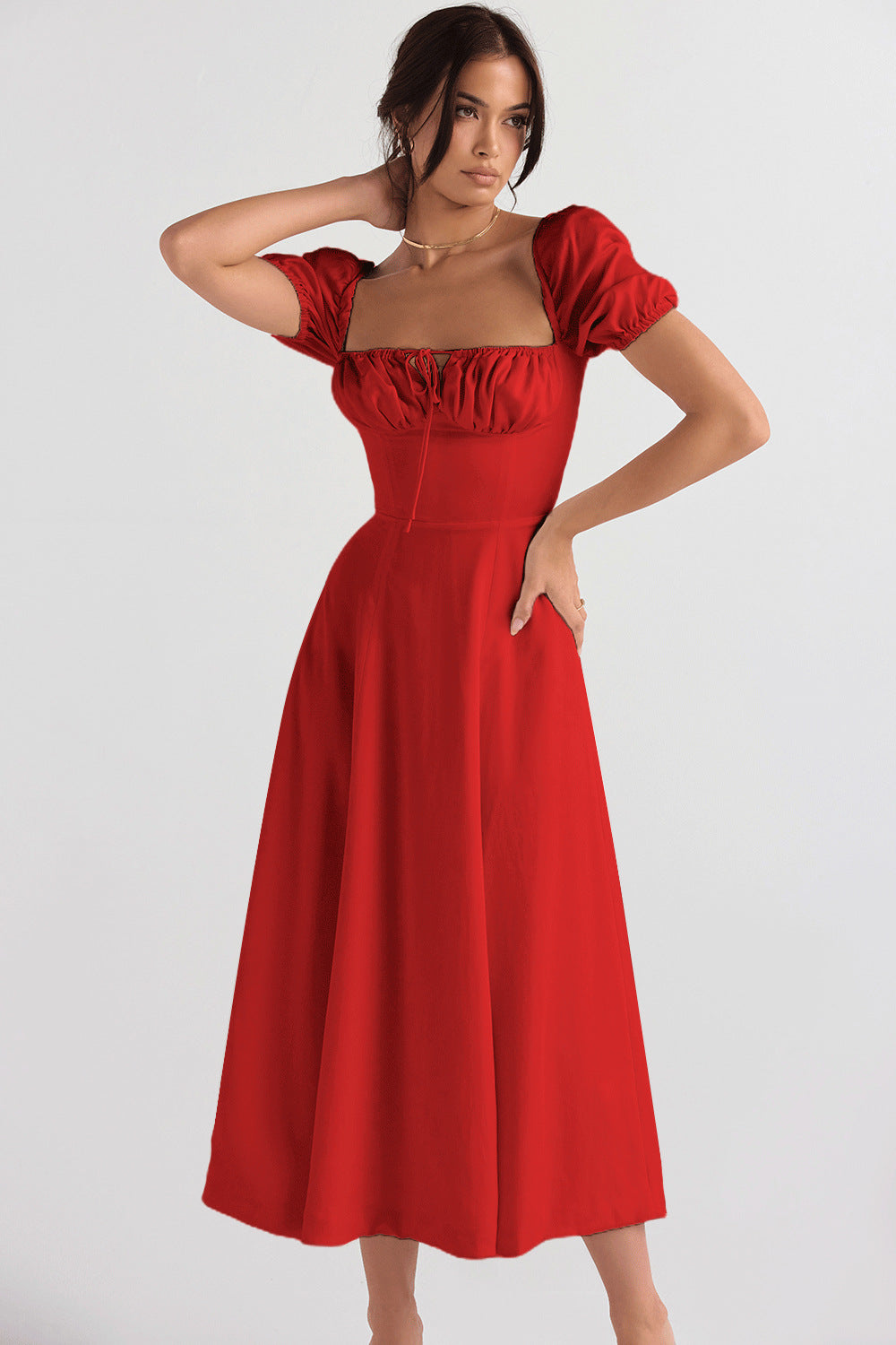 Damen Midi-Kleid mit Puffärmeln und verstellbarem Schnürdetail Sovae