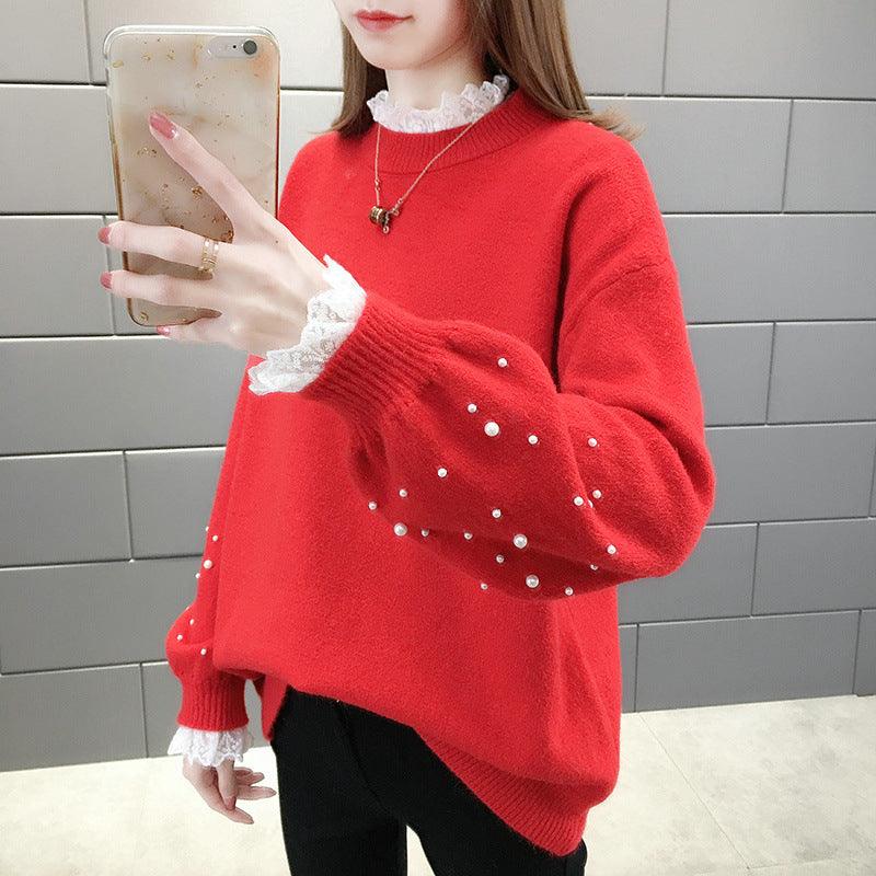 Damen trendiger Strickpullover mit Perlendetails und voluminösen Ärmeln Sovae